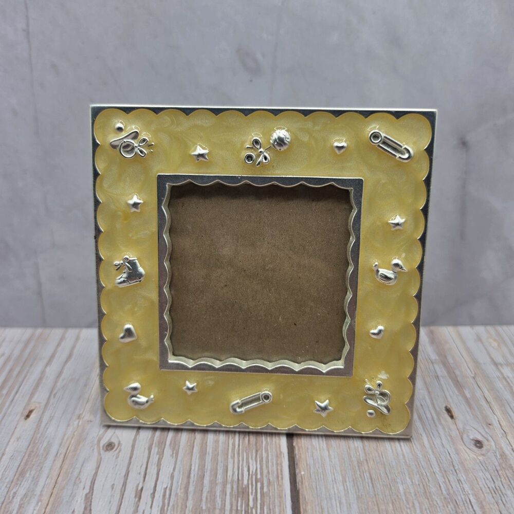 Unisex Baby Picture Frame Yellow Enamel with Scalloped Edges & Silver Details
